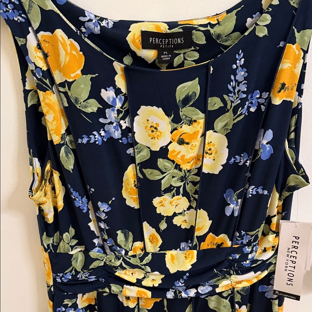 Perceptions Navy Floral Midi Dress with Yellow and Light Blue Blooms